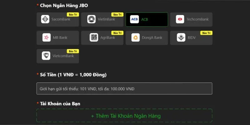 Hướng dẫn từng bước nạp tiền Jbo